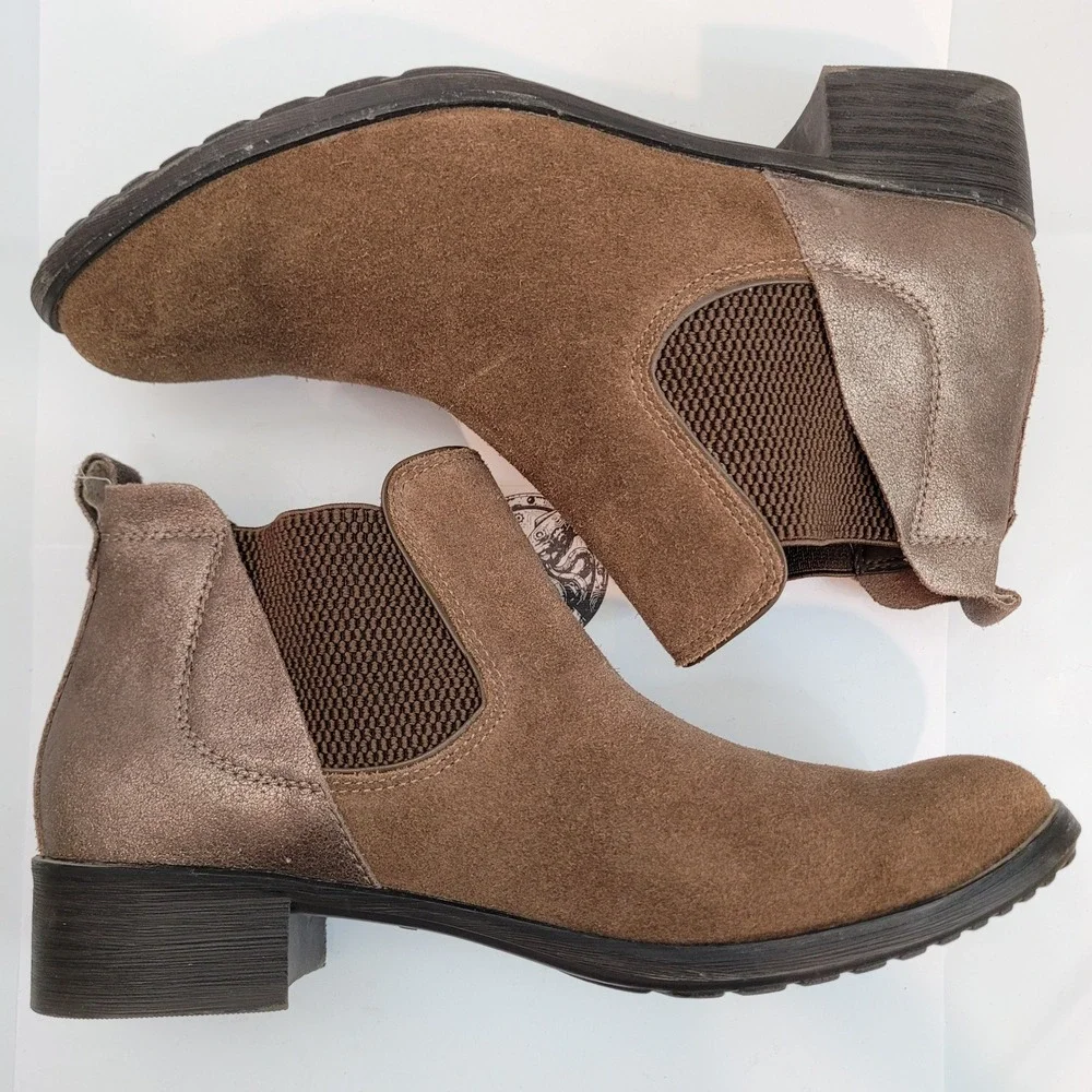 Aetrex Beth Chelsea Boots Women 8.5 Brown Suede Metallic Bronze Ankle EB414